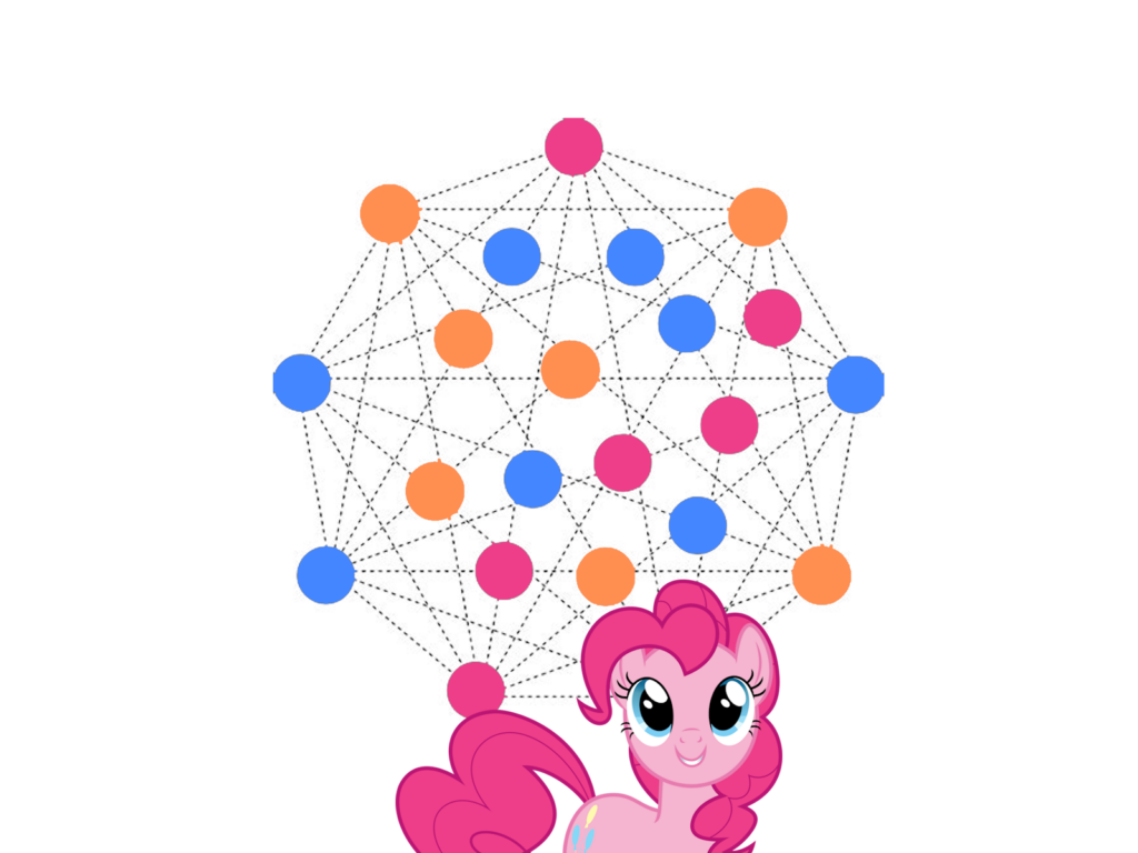 Pinkie Pie looks up at a web of dots, representing a social graph.